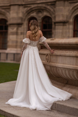 Mermaid Wedding Dress With Lace Appliqués, Beading, And Crystals, Off-The-Shoulder Neckline, Long Puff Sleeves, Tulle Overlay Cathedral Train