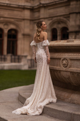 Mermaid Wedding Dress With Lace Appliqués, Beading, And Crystals, Off-The-Shoulder Neckline, Long Puff Sleeves, Tulle Overlay Cathedral Train