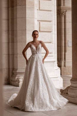 Exquisite A-Line Wedding Dress With Tulle Overlay, Floral Lace Appliqués, Illusion V-Neck, Spaghetti Straps, Cathedral Train