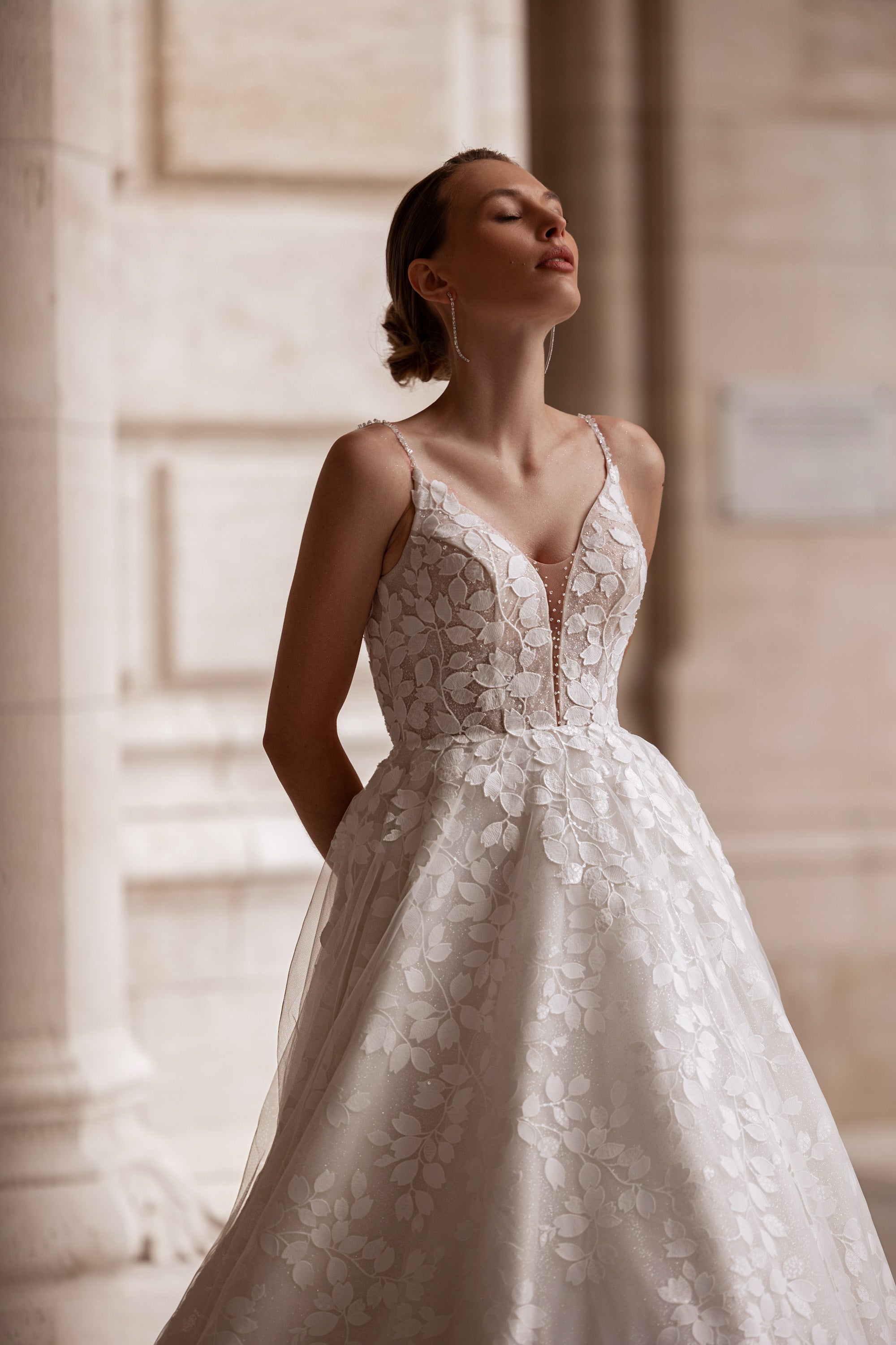 Exquisite A-Line Wedding Dress With Tulle Overlay, Floral Lace Appliqués, Illusion V-Neck, Spaghetti Straps, Cathedral Train