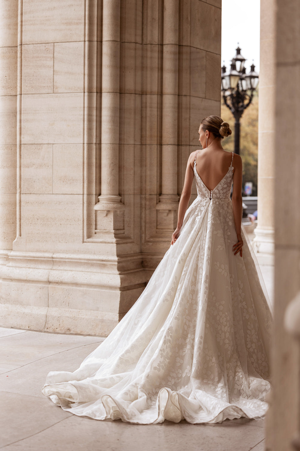 Exquisite A-Line Wedding Dress With Tulle Overlay, Floral Lace Appliqués, Illusion V-Neck, Spaghetti Straps, Cathedral Train