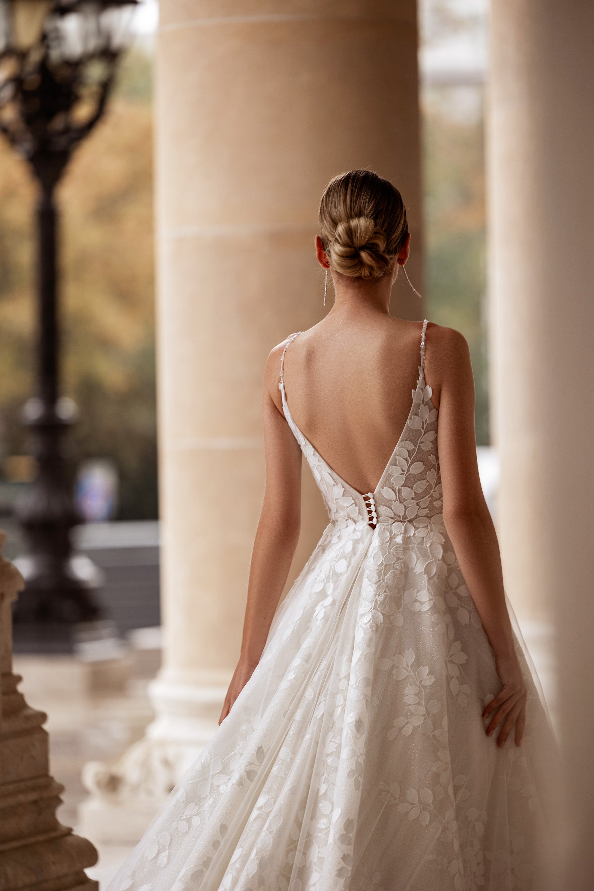 Exquisite A-Line Wedding Dress With Tulle Overlay, Floral Lace Appliqués, Illusion V-Neck, Spaghetti Straps, Cathedral Train