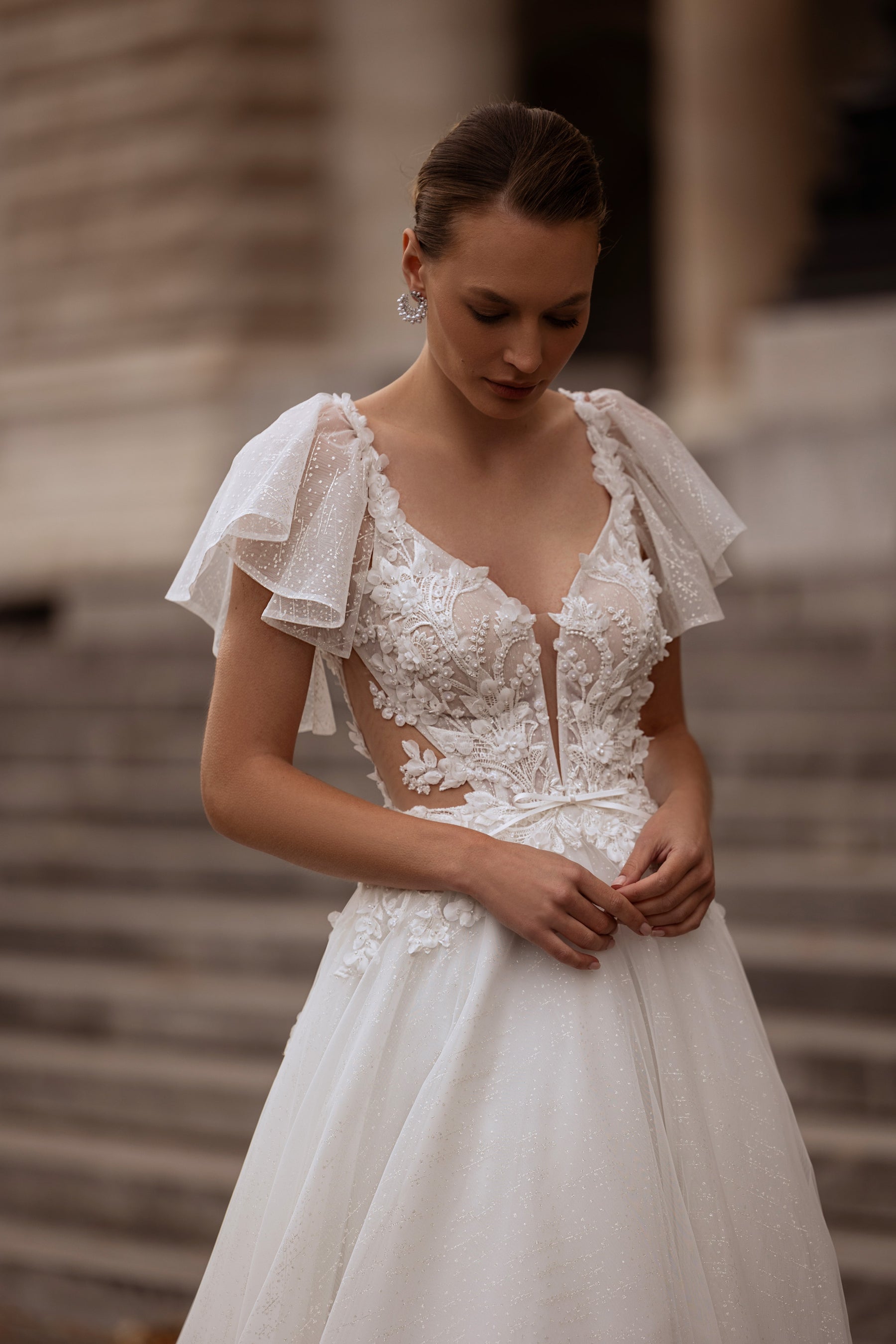 A-Line Wedding Dress With Tulle Skirt, Lace Appliqués, Beaded Embroidered Bodice, Off-the-Shoulder Flutter Sleeves, Cathedral Train