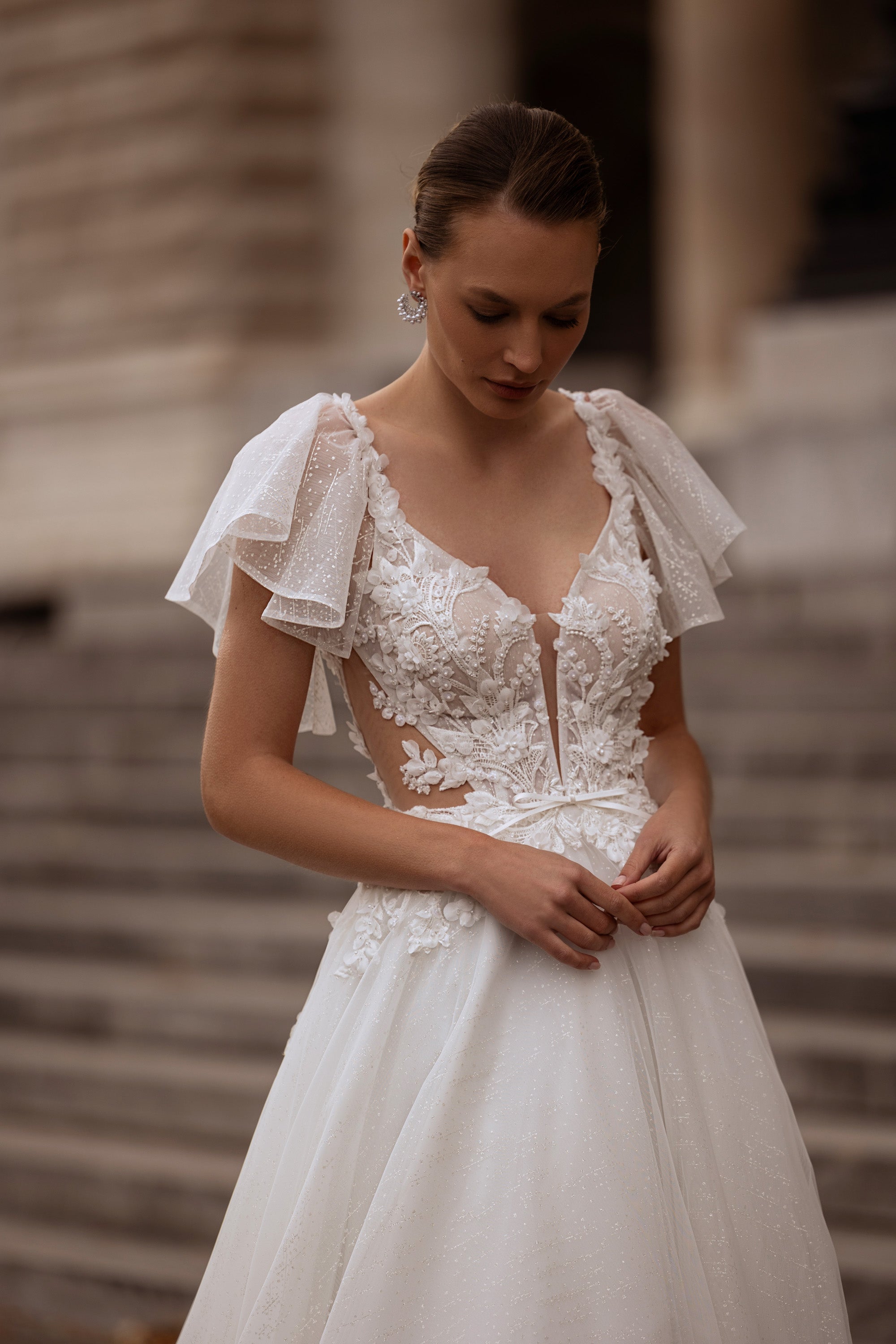 A-Line Wedding Dress With Tulle Skirt, Lace Appliqués, Beaded Embroidered Bodice, Off-the-Shoulder Flutter Sleeves, Cathedral Train