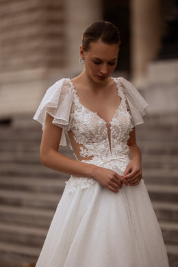 A-Line Wedding Dress With Tulle Skirt, Lace Appliqués, Beaded Embroidered Bodice, Off-the-Shoulder Flutter Sleeves, Cathedral Train