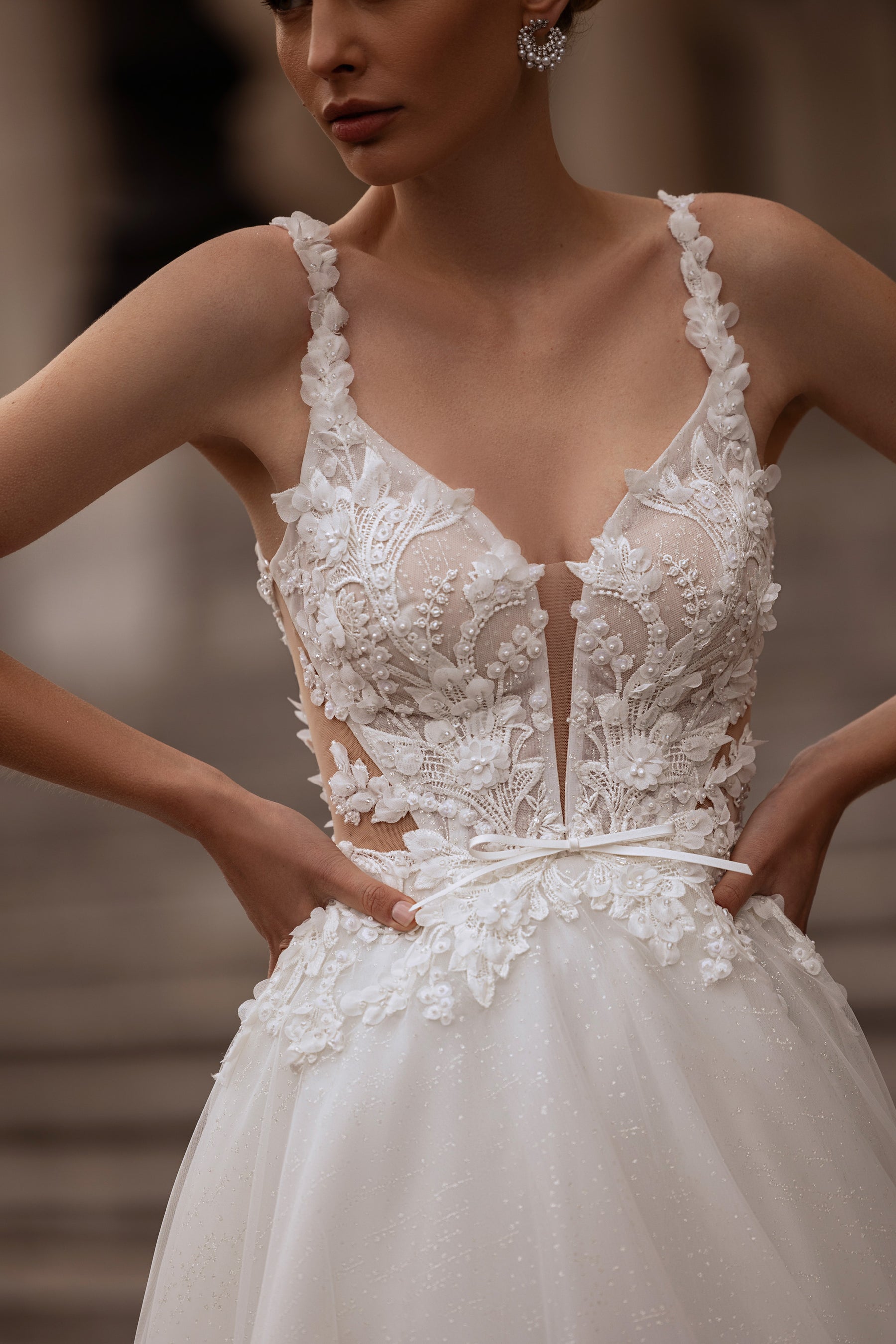 A-Line Wedding Dress With Tulle Skirt, Lace Appliqués, Beaded Embroidered Bodice, Off-the-Shoulder Flutter Sleeves, Cathedral Train