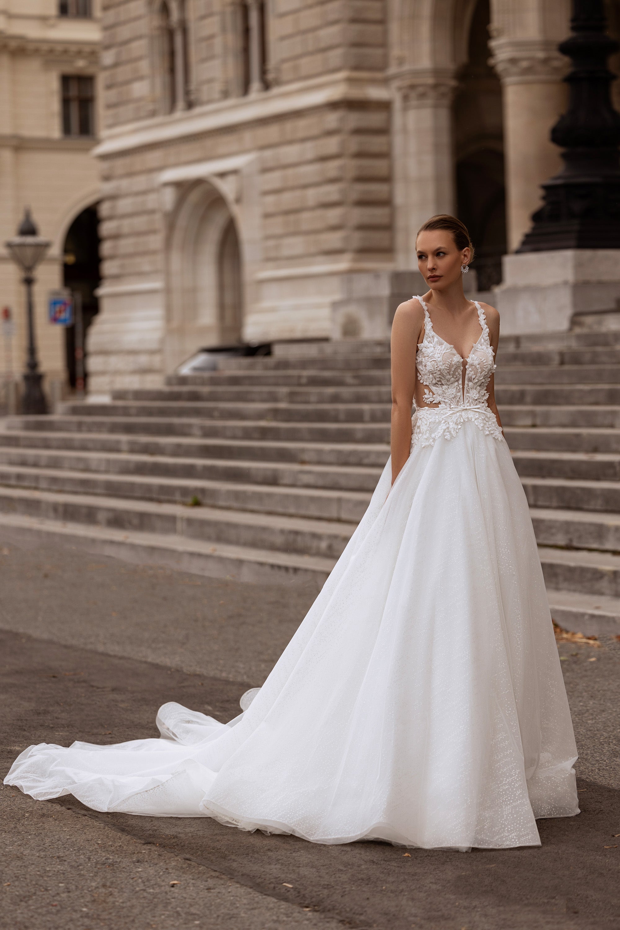 A-Line Wedding Dress With Tulle Skirt, Lace Appliqués, Beaded Embroidered Bodice, Off-the-Shoulder Flutter Sleeves, Cathedral Train