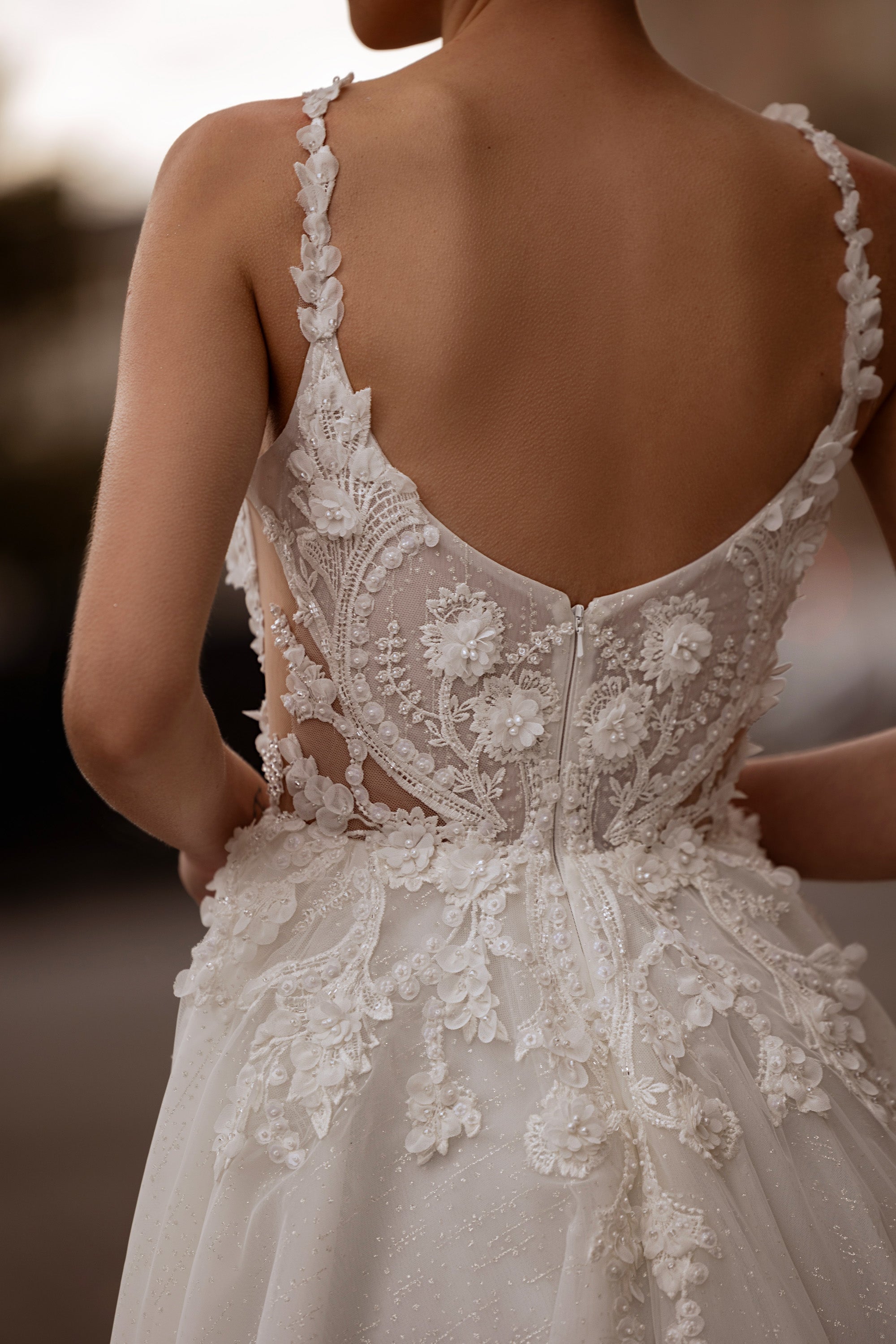 A-Line Wedding Dress With Tulle Skirt, Lace Appliqués, Beaded Embroidered Bodice, Off-the-Shoulder Flutter Sleeves, Cathedral Train