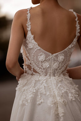 A-Line Wedding Dress With Tulle Skirt, Lace Appliqués, Beaded Embroidered Bodice, Off-the-Shoulder Flutter Sleeves, Cathedral Train