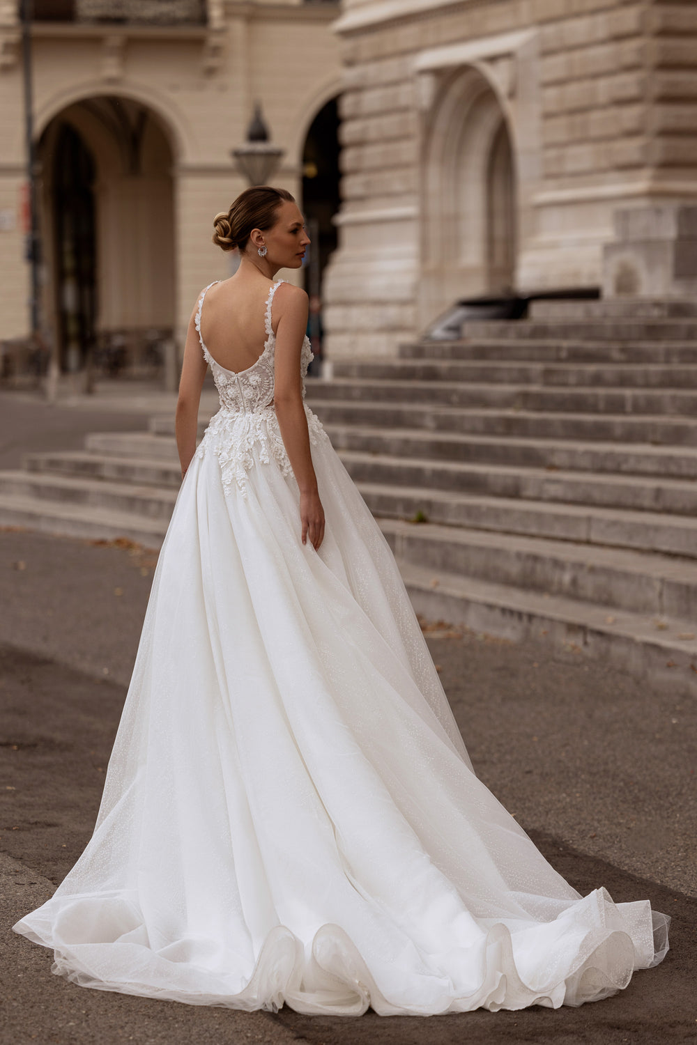 A-Line Wedding Dress With Tulle Skirt, Lace Appliqués, Beaded Embroidered Bodice, Off-the-Shoulder Flutter Sleeves, Cathedral Train