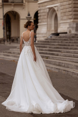 A-Line Wedding Dress With Tulle Skirt, Lace Appliqués, Beaded Embroidered Bodice, Off-the-Shoulder Flutter Sleeves, Cathedral Train