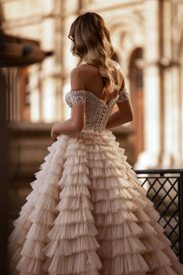 Ball Gown Wedding Dress With Off-The-Shoulder Neckline Tiered Tulle Skirt Beading And Crystals Cathedral Train