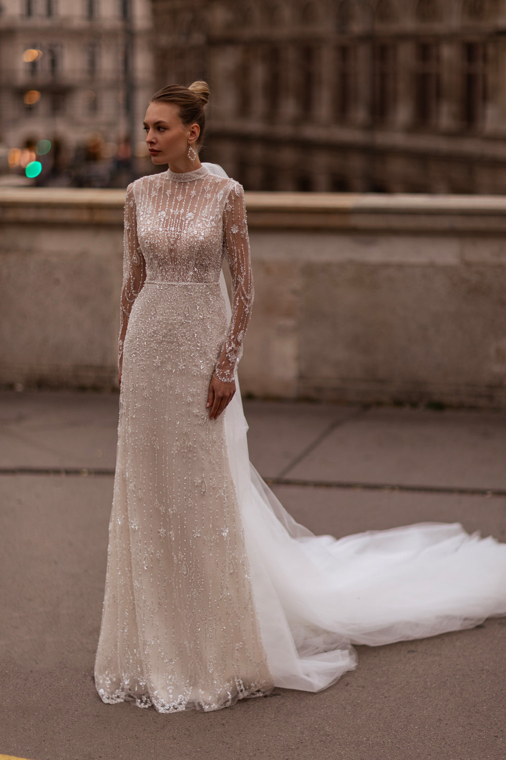 Mermaid Wedding Dress with Beading and Embroidered Lace Appliqués, Long Sleeve High-Neck Illusion Tulle, Sweep Train