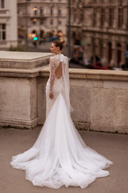 Mermaid Wedding Dress with Beading and Embroidered Lace Appliqués, Long Sleeve High-Neck Illusion Tulle, Sweep Train