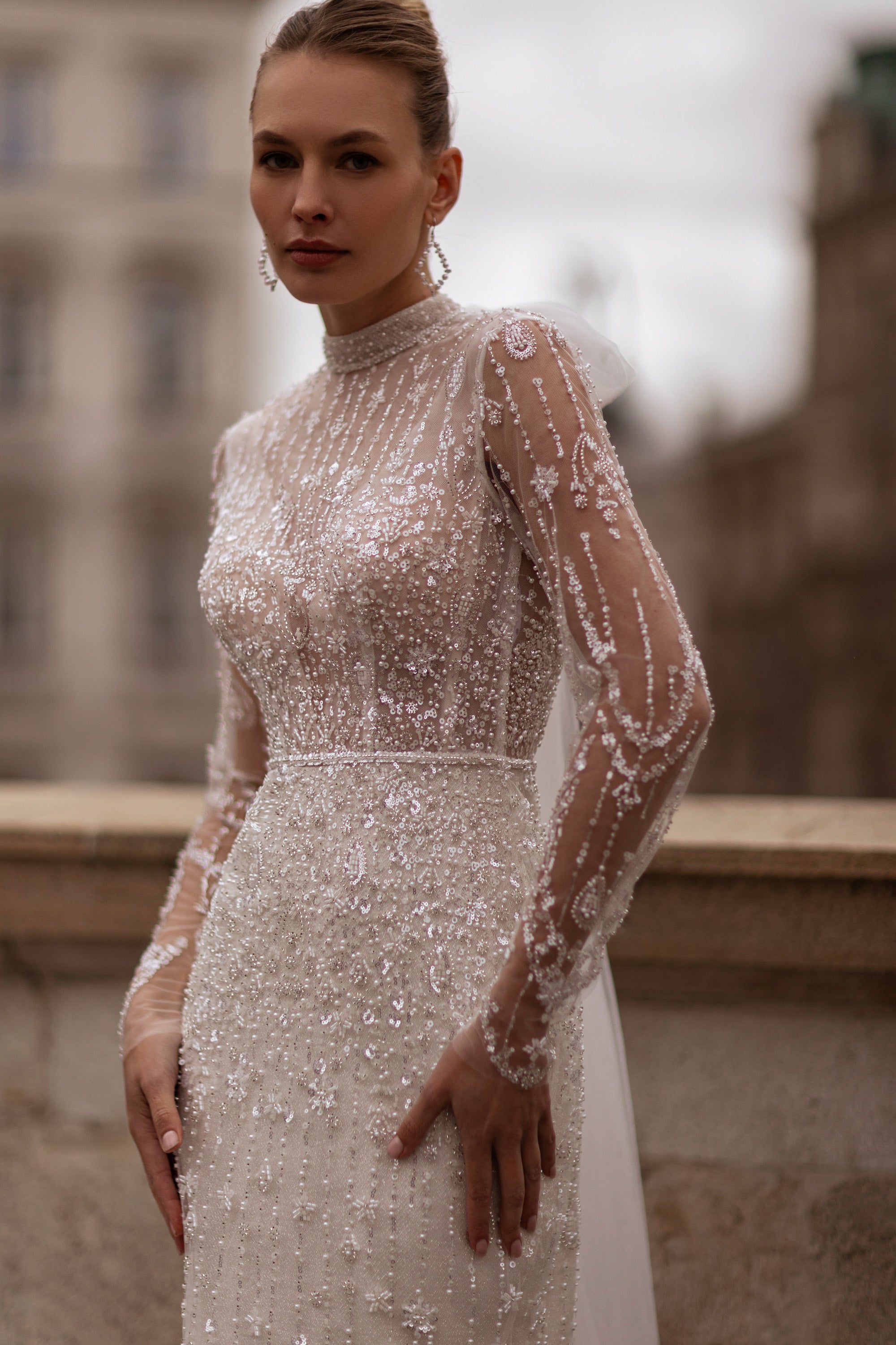 Mermaid Wedding Dress with Beading and Embroidered Lace Appliqués, Long Sleeve High-Neck Illusion Tulle, Sweep Train