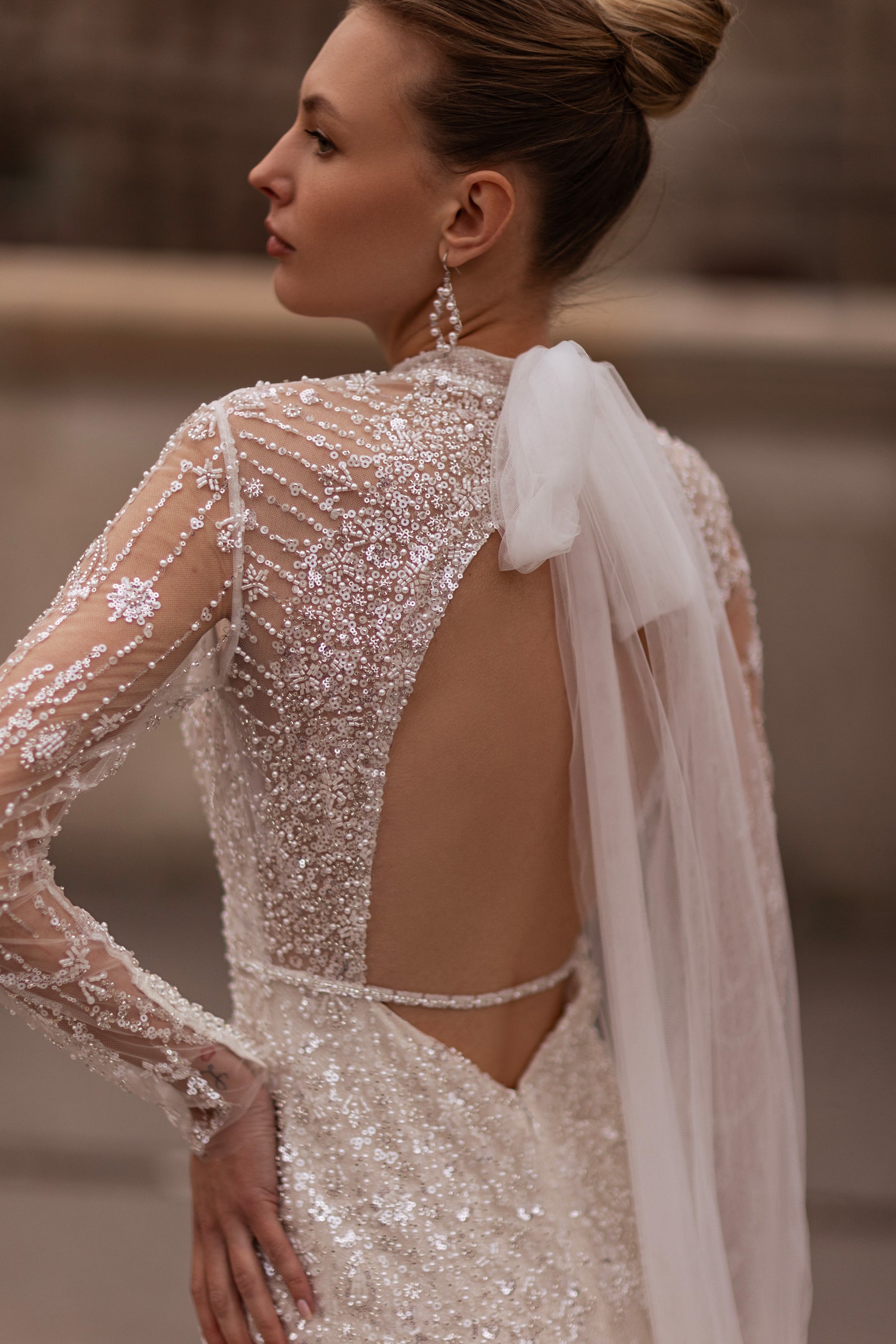 Mermaid Wedding Dress with Beading and Embroidered Lace Appliqués, Long Sleeve High-Neck Illusion Tulle, Sweep Train