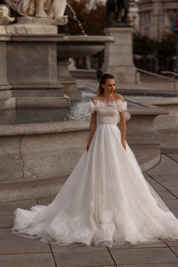 A-Line Wedding Dress With Off-The-Shoulder Floral Appliques, Beaded Bodice, Tulle Skirt And Cathedral Train