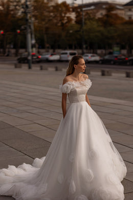 A-Line Wedding Dress With Off-The-Shoulder Floral Appliques, Beaded Bodice, Tulle Skirt And Cathedral Train