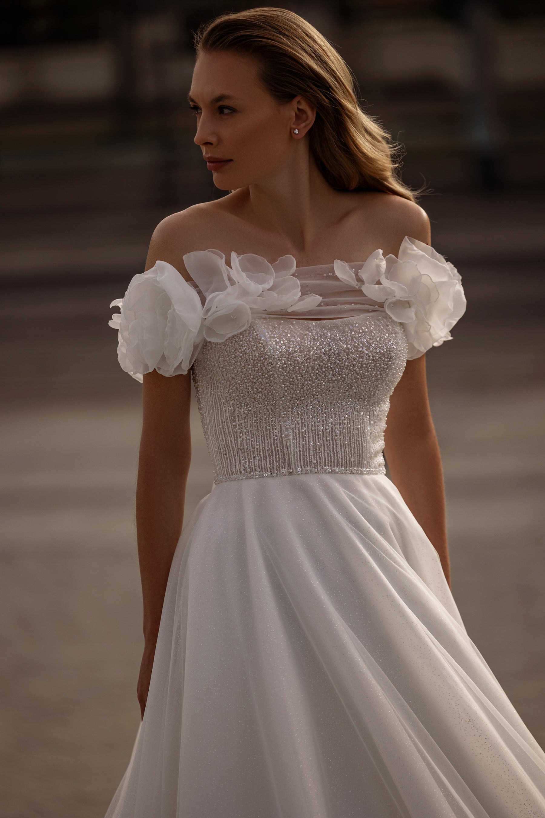 A-Line Wedding Dress With Off-The-Shoulder Floral Appliques, Beaded Bodice, Tulle Skirt And Cathedral Train