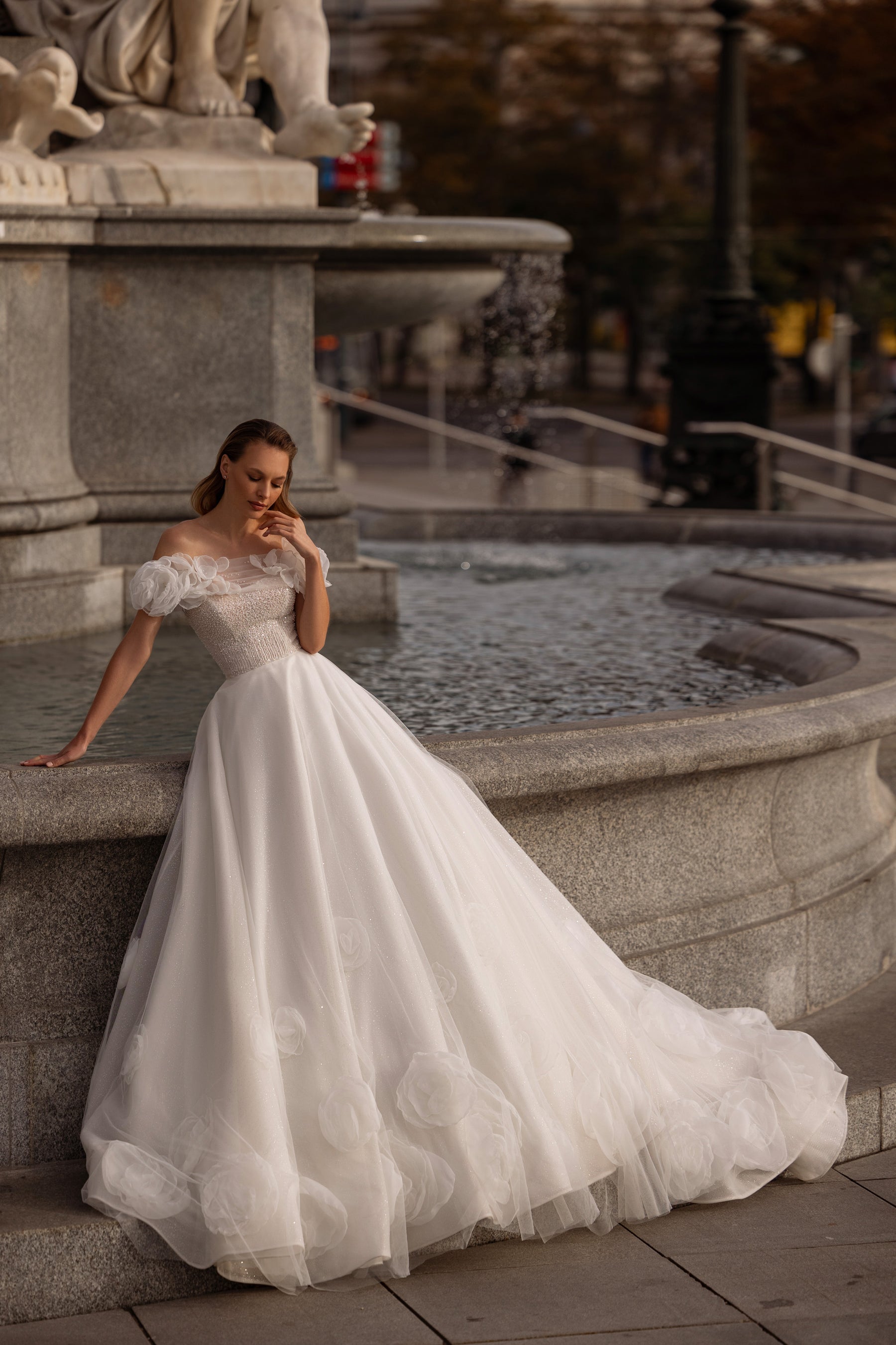 A-Line Wedding Dress With Off-The-Shoulder Floral Appliques, Beaded Bodice, Tulle Skirt And Cathedral Train