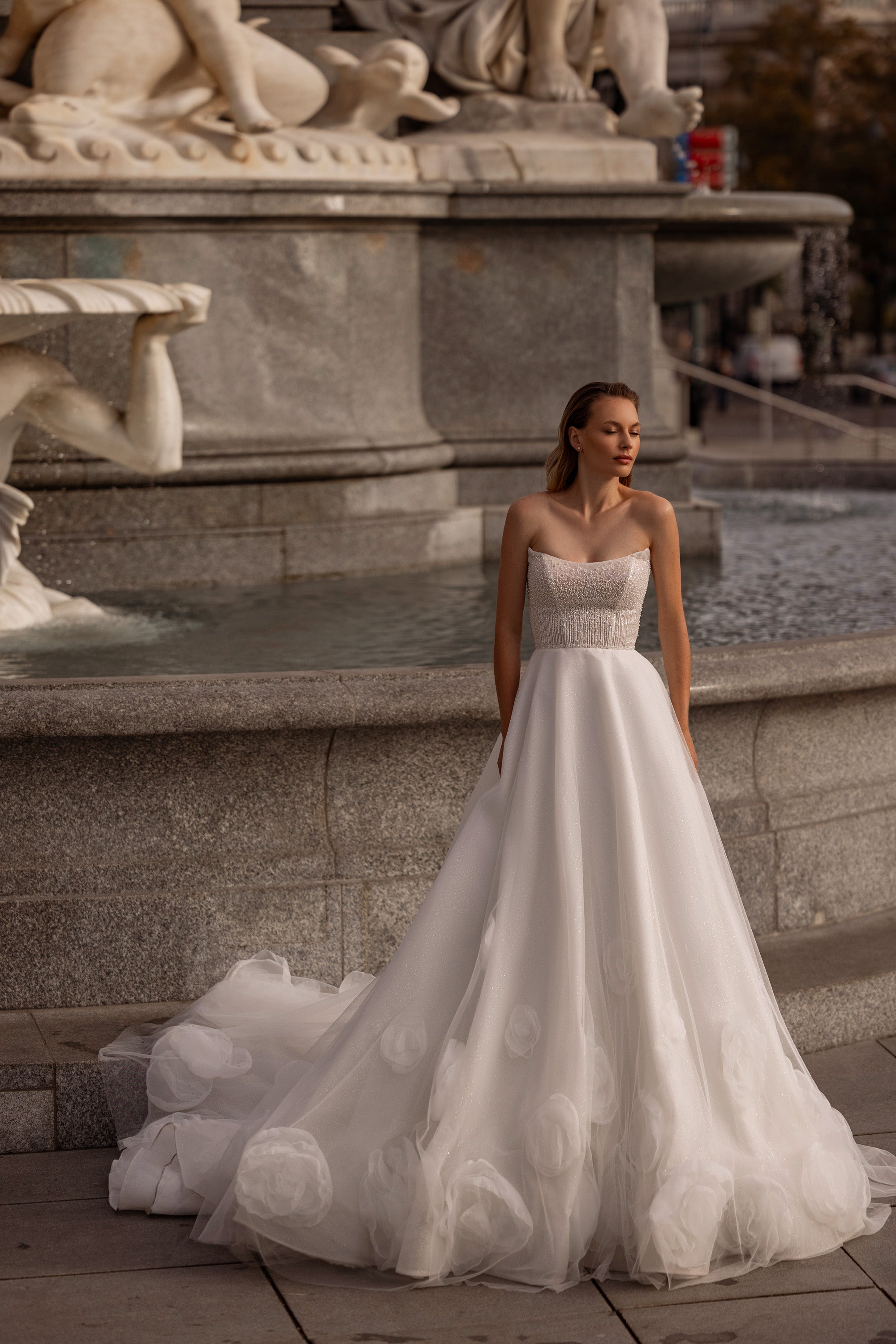 A-Line Wedding Dress With Off-The-Shoulder Floral Appliques, Beaded Bodice, Tulle Skirt And Cathedral Train