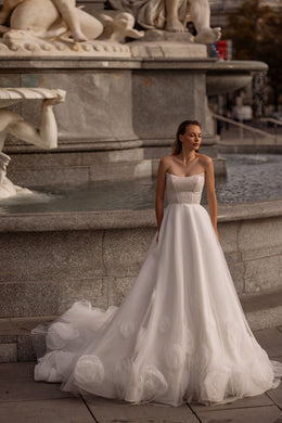A-Line Wedding Dress With Off-The-Shoulder Floral Appliques, Beaded Bodice, Tulle Skirt And Cathedral Train