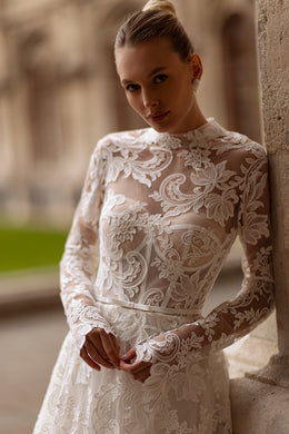 A-Line Wedding Dress With Lace Overlay, Floral Lace Appliqués, High Neckline Long Sleeves, Cathedral Train