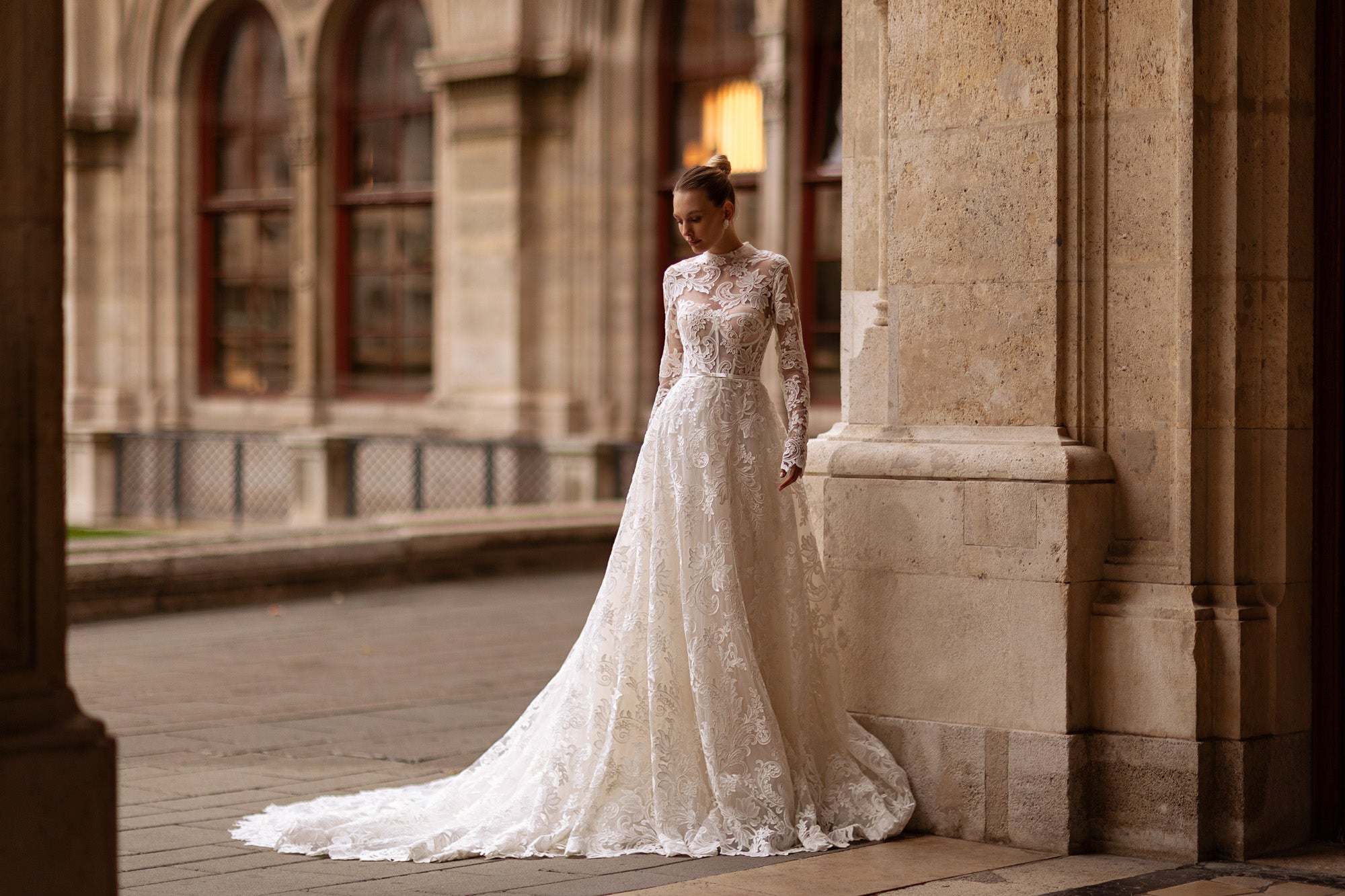 A-Line Wedding Dress With Lace Overlay, Floral Lace Appliqués, High Neckline Long Sleeves, Cathedral Train