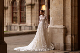 A-Line Wedding Dress With Lace Overlay, Floral Lace Appliqués, High Neckline Long Sleeves, Cathedral Train