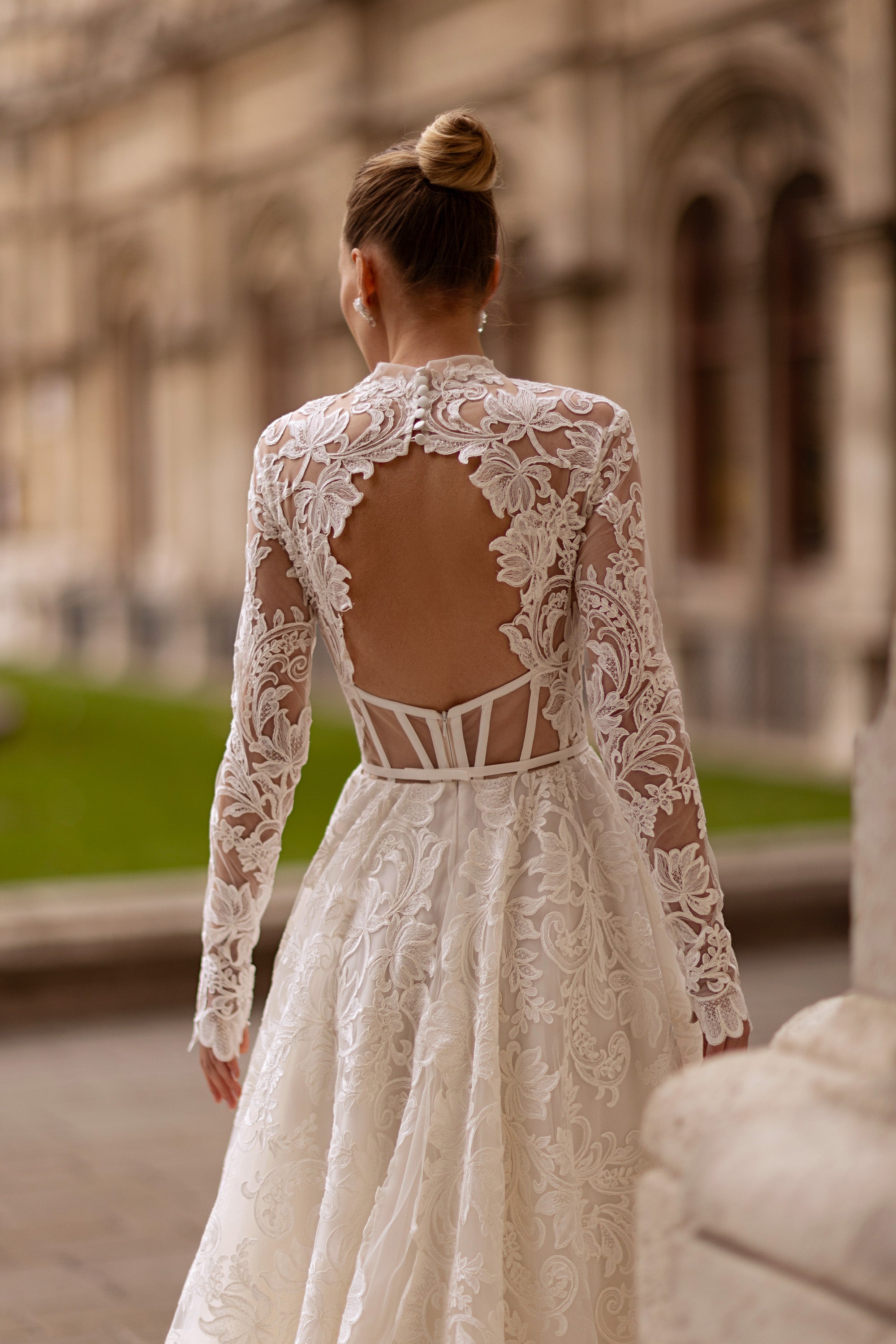 A-Line Wedding Dress With Lace Overlay, Floral Lace Appliqués, High Neckline Long Sleeves, Cathedral Train