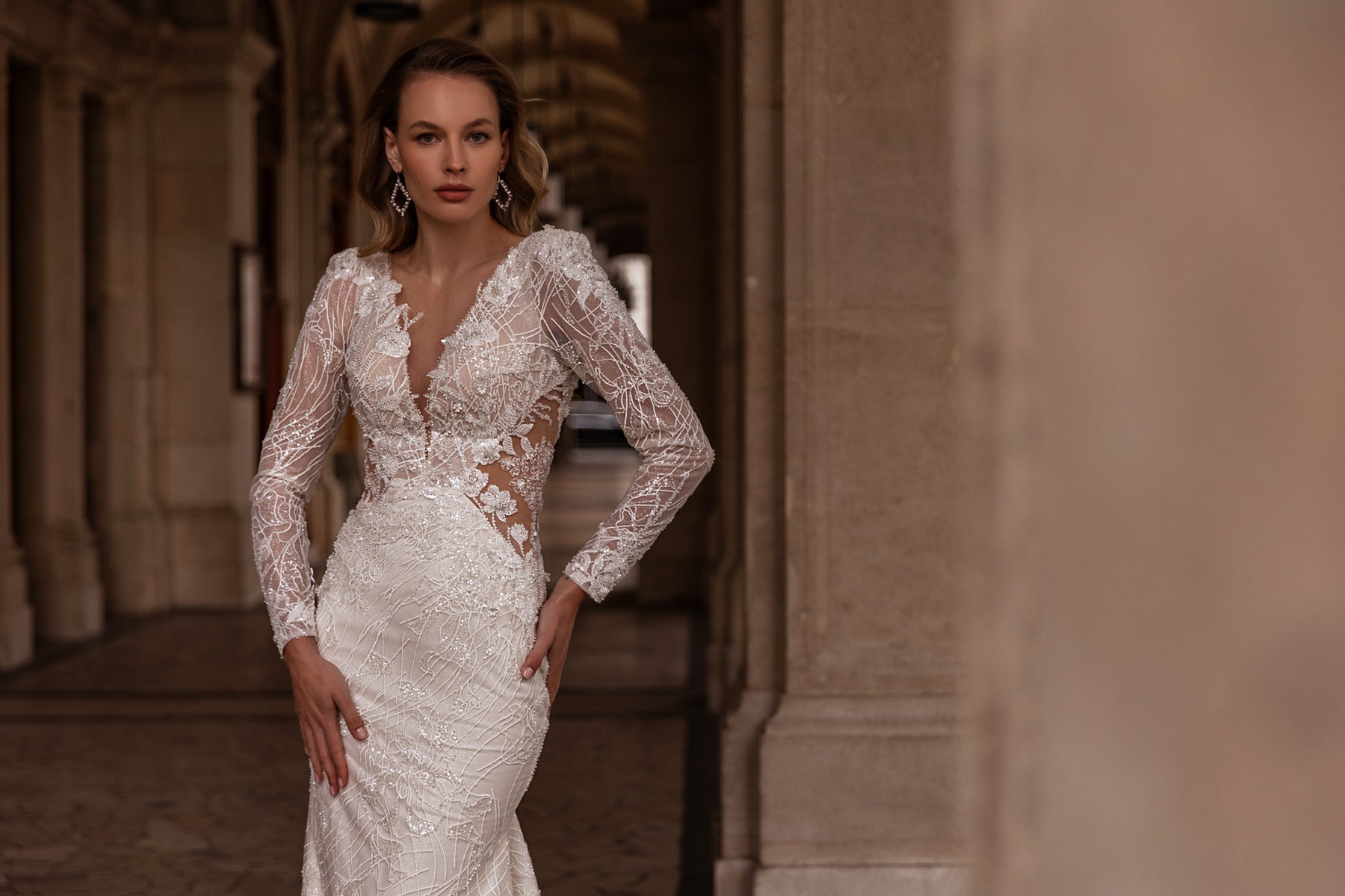 Mermaid Lace Gown With Lace Appliqués, Beading, Deep V-Neck Illusion, Long Sleeves, Sweep Train, Floor-Length, Romantic