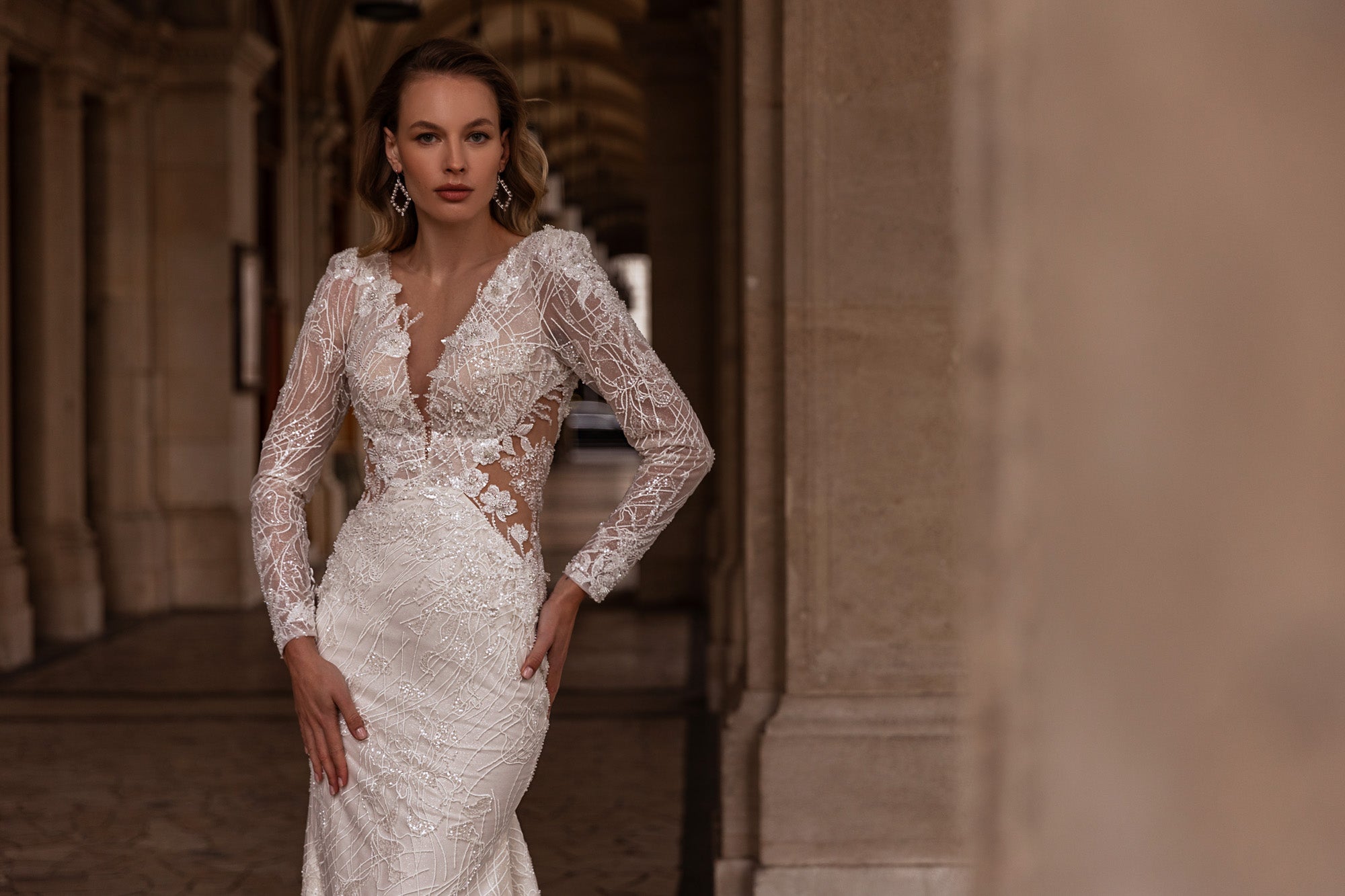 Mermaid Lace Gown With Lace Appliqués, Beading, Deep V-Neck Illusion, Long Sleeves, Sweep Train, Floor-Length, Romantic