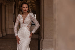 Mermaid Lace Gown With Lace Appliqués, Beading, Deep V-Neck Illusion, Long Sleeves, Sweep Train, Floor-Length, Romantic