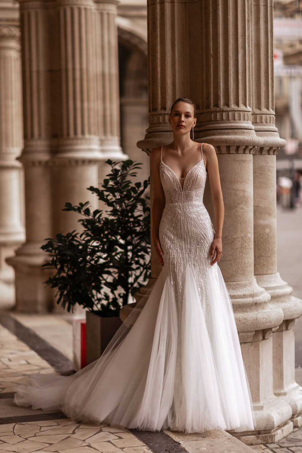 Mermaid Silhouette Bridal Gown with Beaded Embroidery, Sequins and Crystals, V-Neck, Sleeveless, Tulle Overlay, Cathedral Train, Romantic