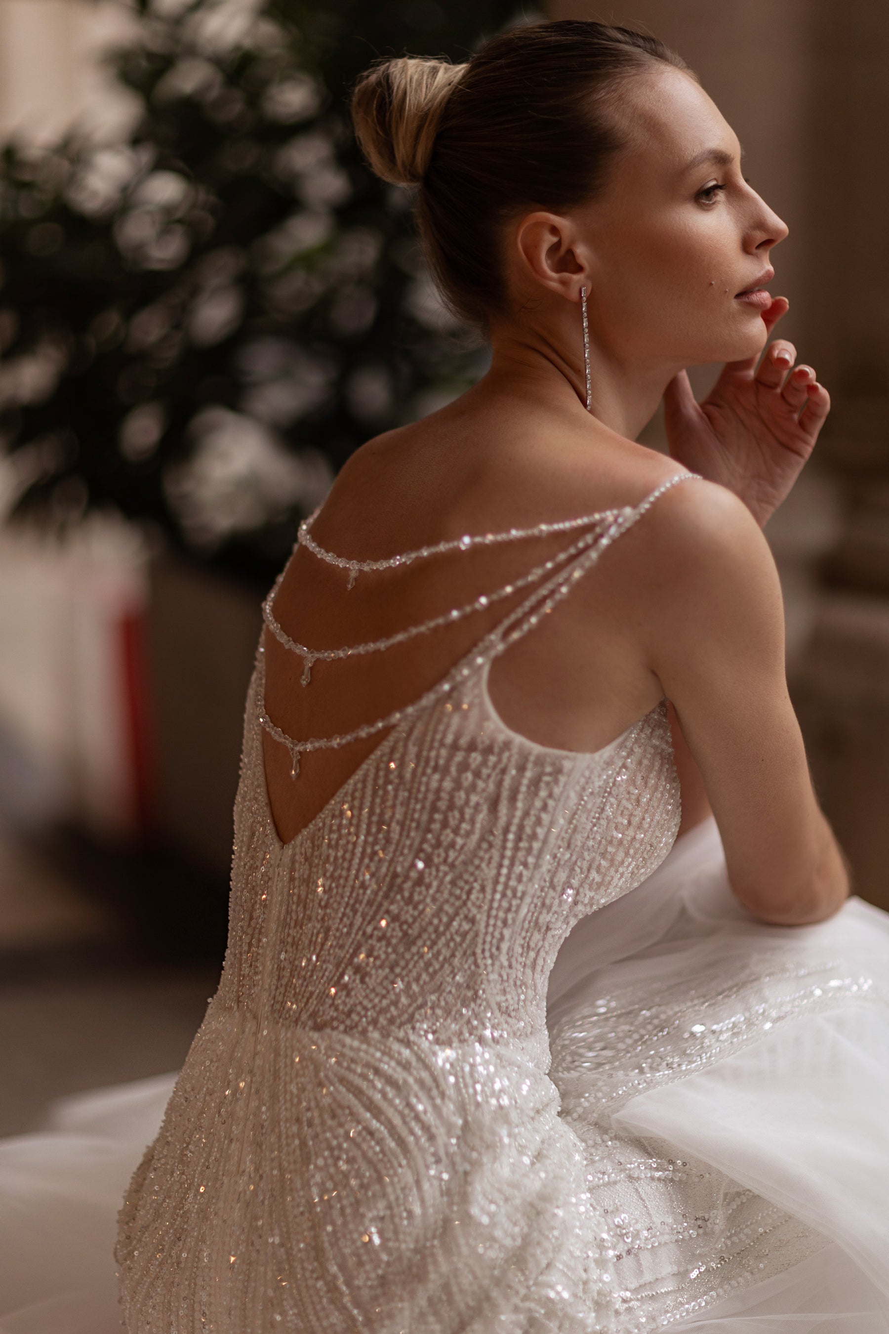 Mermaid Silhouette Bridal Gown with Beaded Embroidery, Sequins and Crystals, V-Neck, Sleeveless, Tulle Overlay, Cathedral Train, Romantic