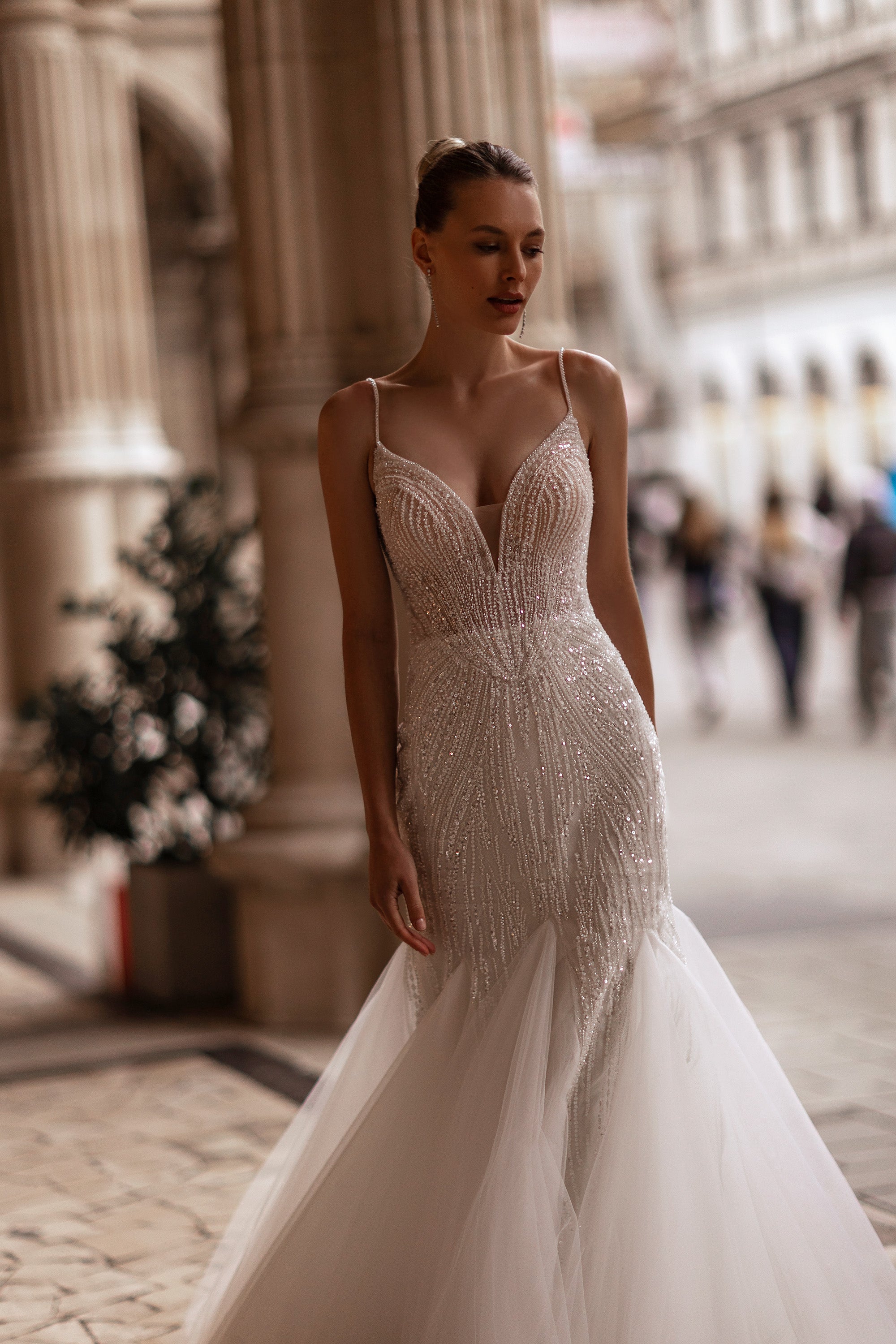Mermaid Silhouette Bridal Gown with Beaded Embroidery, Sequins and Crystals, V-Neck, Sleeveless, Tulle Overlay, Cathedral Train, Romantic