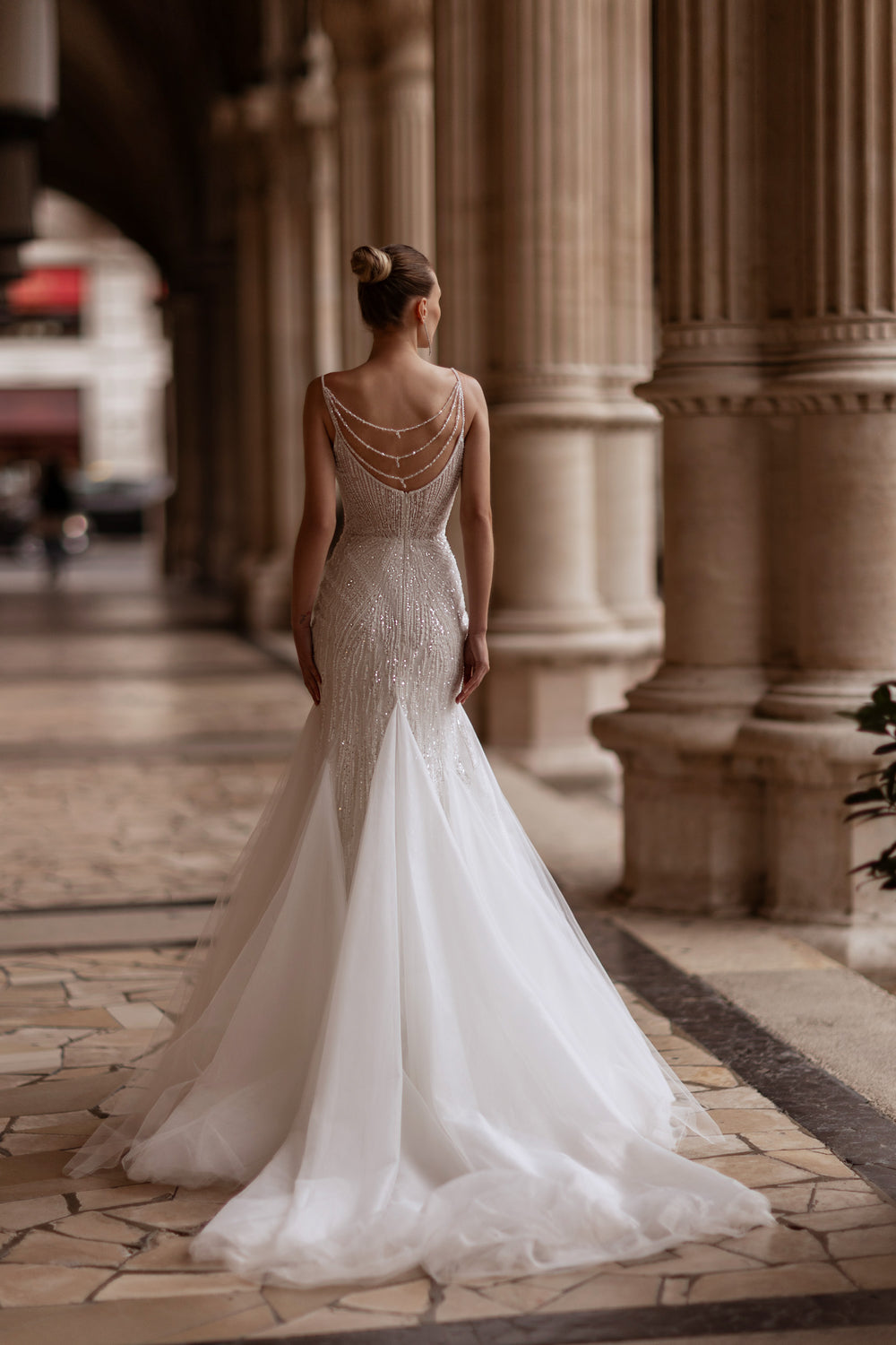 Mermaid Silhouette Bridal Gown with Beaded Embroidery, Sequins and Crystals, V-Neck, Sleeveless, Tulle Overlay, Cathedral Train, Romantic