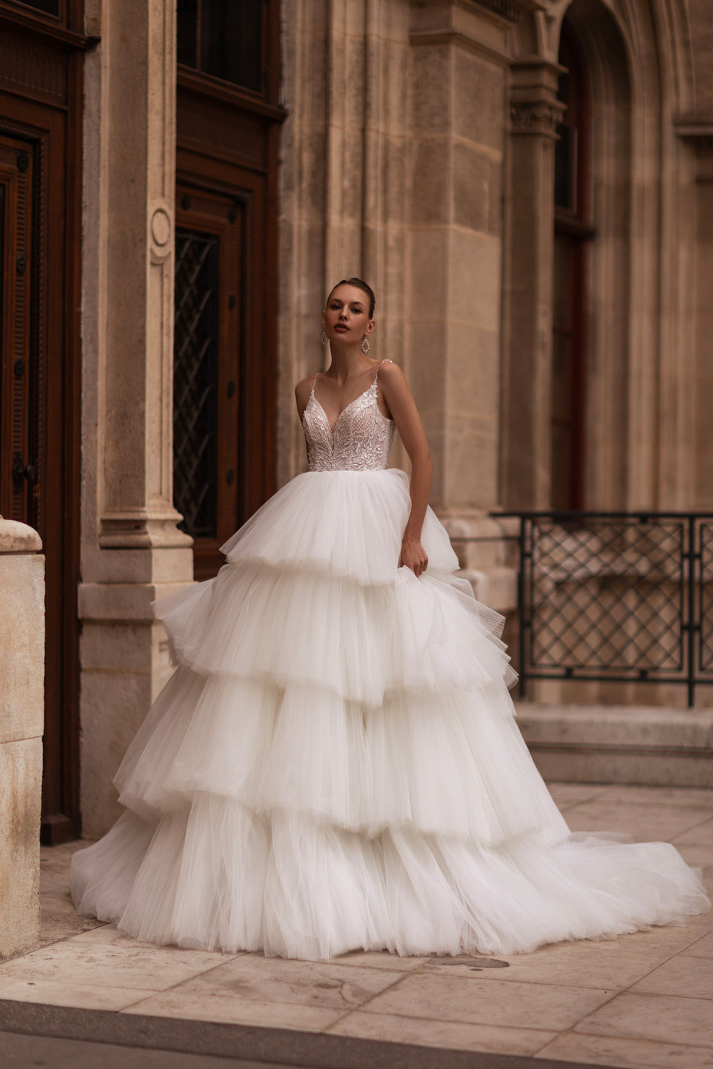 Ball Gown Wedding Dress in Tulle with Lace Appliqués and Beading, V-Neck Spaghetti Straps Bodice, Cathedral Train