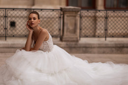 Ball Gown Wedding Dress in Tulle with Lace Appliqués and Beading, V-Neck Spaghetti Straps Bodice, Cathedral Train
