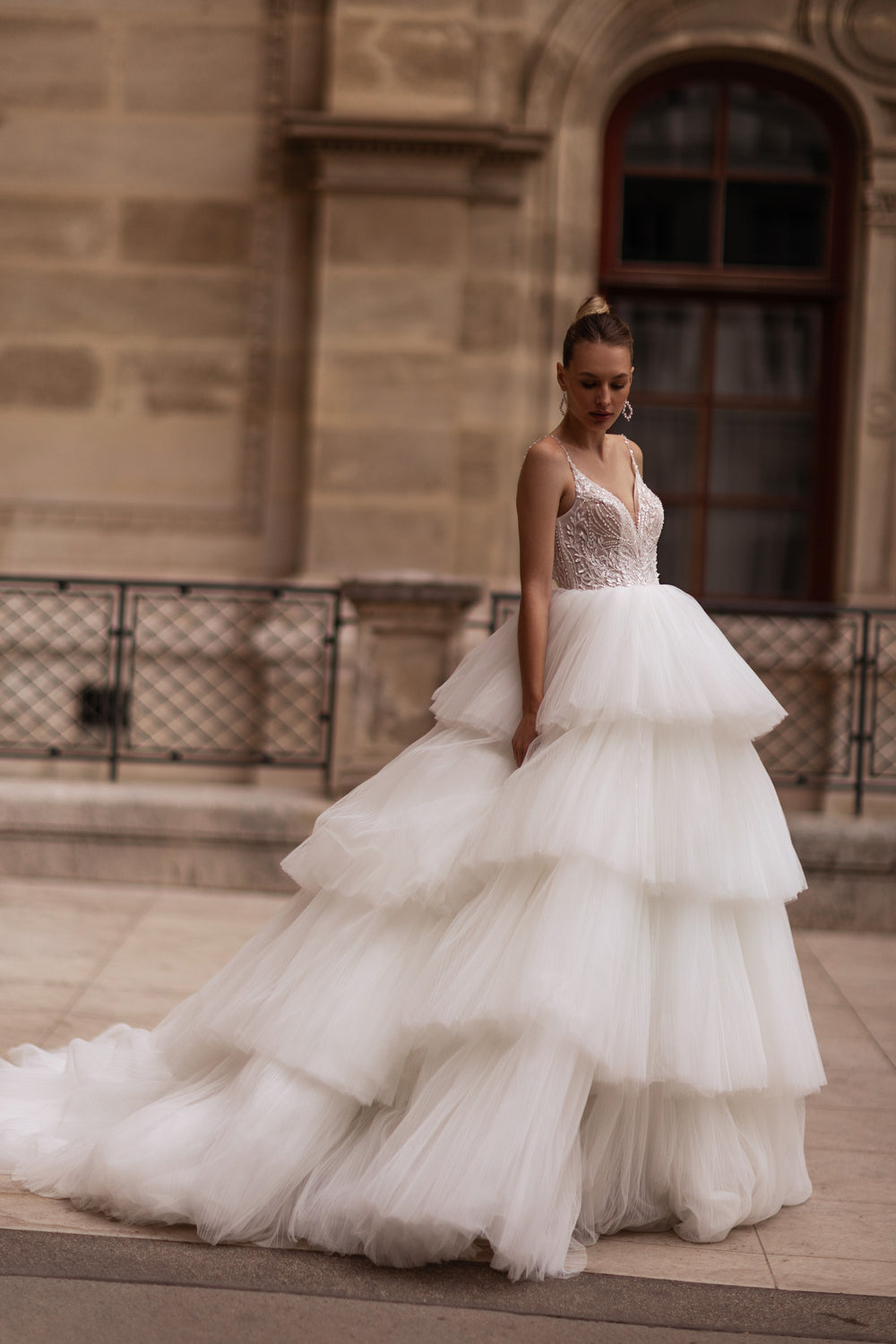 Ball Gown Wedding Dress in Tulle with Lace Appliqués and Beading, V-Neck Spaghetti Straps Bodice, Cathedral Train