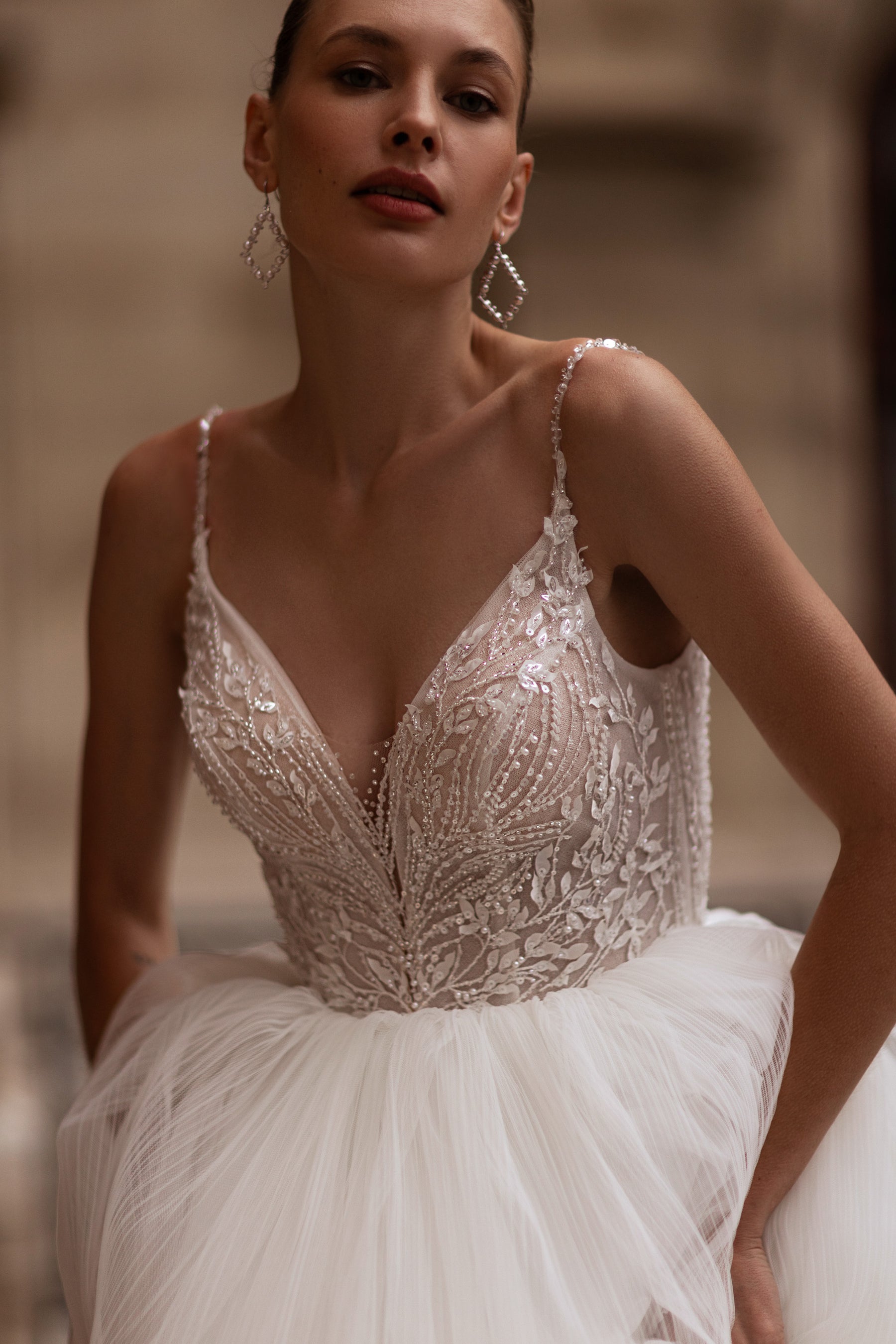 Ball Gown Wedding Dress in Tulle with Lace Appliqués and Beading, V-Neck Spaghetti Straps Bodice, Cathedral Train