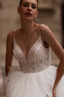 Ball Gown Wedding Dress in Tulle with Lace Appliqués and Beading, V-Neck Spaghetti Straps Bodice, Cathedral Train