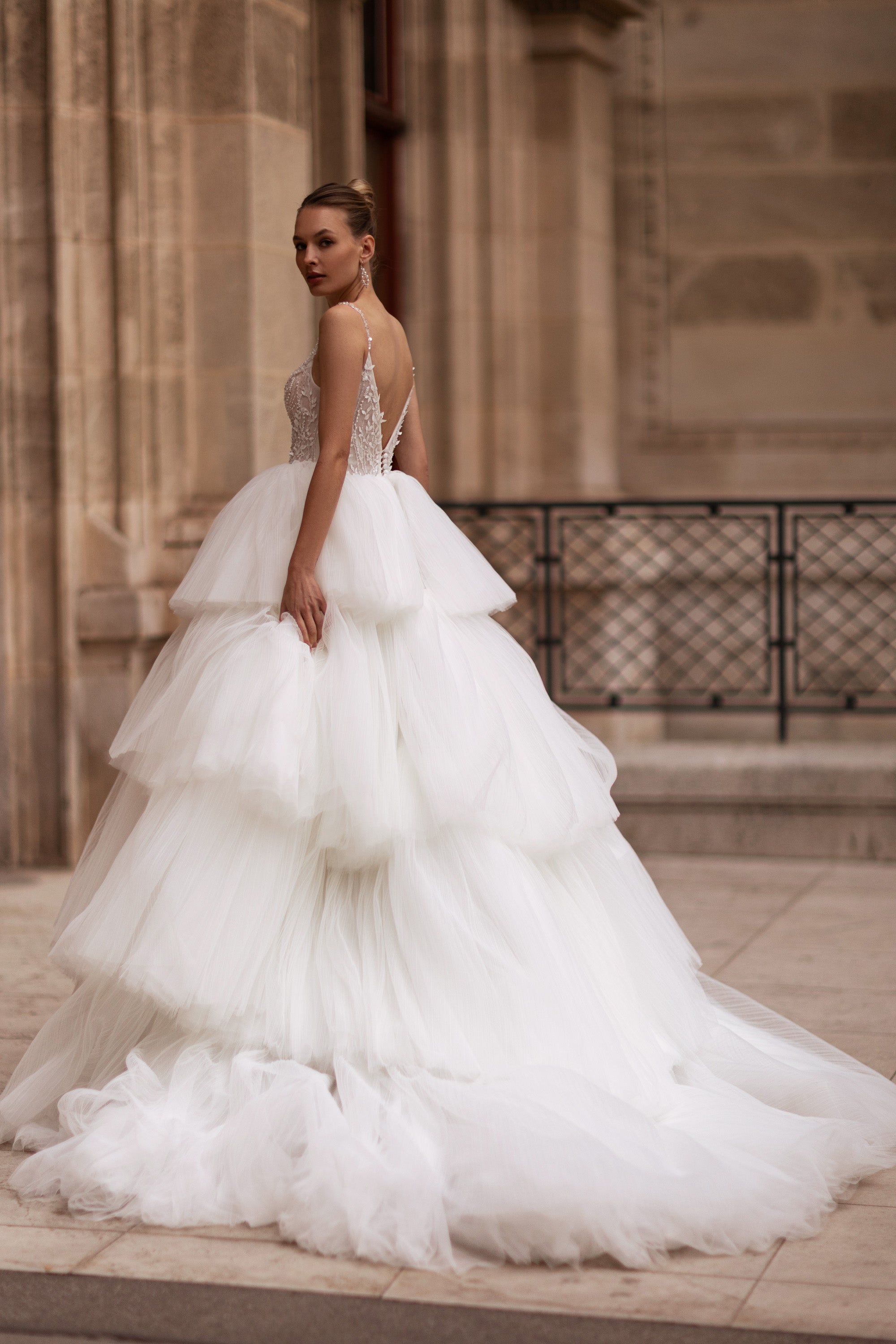 Ball Gown Wedding Dress in Tulle with Lace Appliqués and Beading, V-Neck Spaghetti Straps Bodice, Cathedral Train