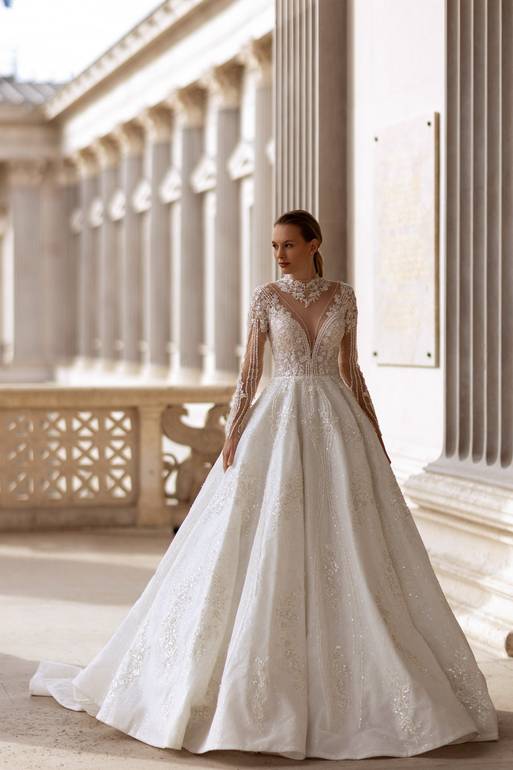 Ball Gown Wedding Dress With Lace Appliqués And Beading, Illusion High Neckline, Long Sleeves, Sparkle Tulle Skirt And Cathedral Train