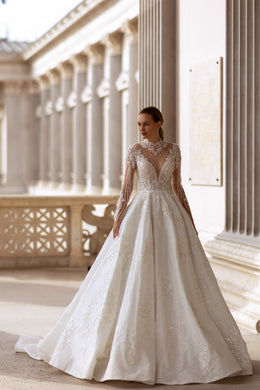 Ball Gown Wedding Dress With Lace Appliqués And Beading, Illusion High Neckline, Long Sleeves, Sparkle Tulle Skirt And Cathedral Train
