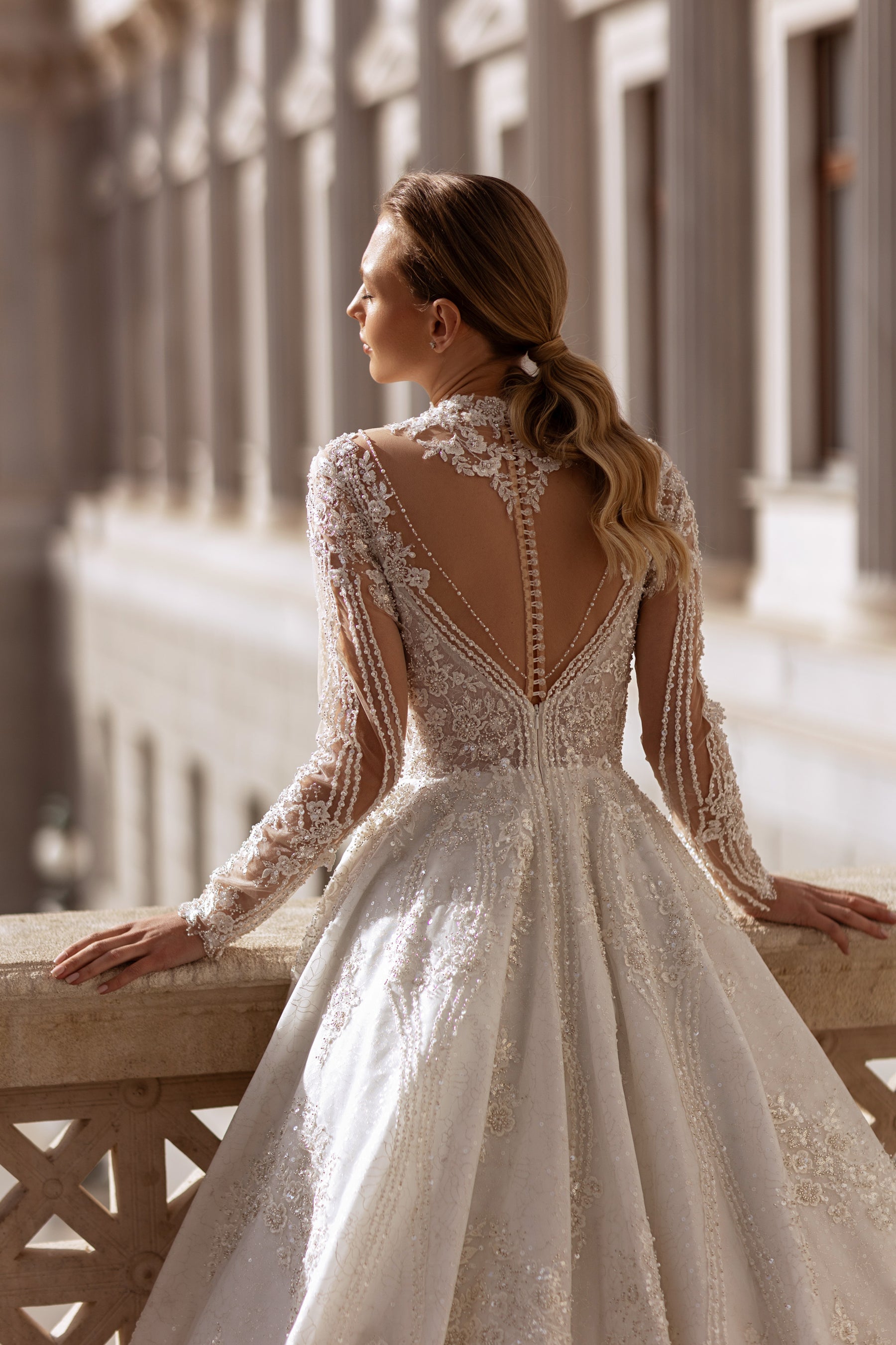 Ball Gown Wedding Dress With Lace Appliqués And Beading, Illusion High Neckline, Long Sleeves, Sparkle Tulle Skirt And Cathedral Train