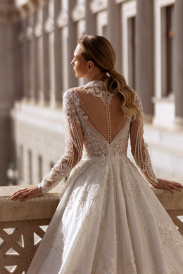 Ball Gown Wedding Dress With Lace Appliqués And Beading, Illusion High Neckline, Long Sleeves, Sparkle Tulle Skirt And Cathedral Train