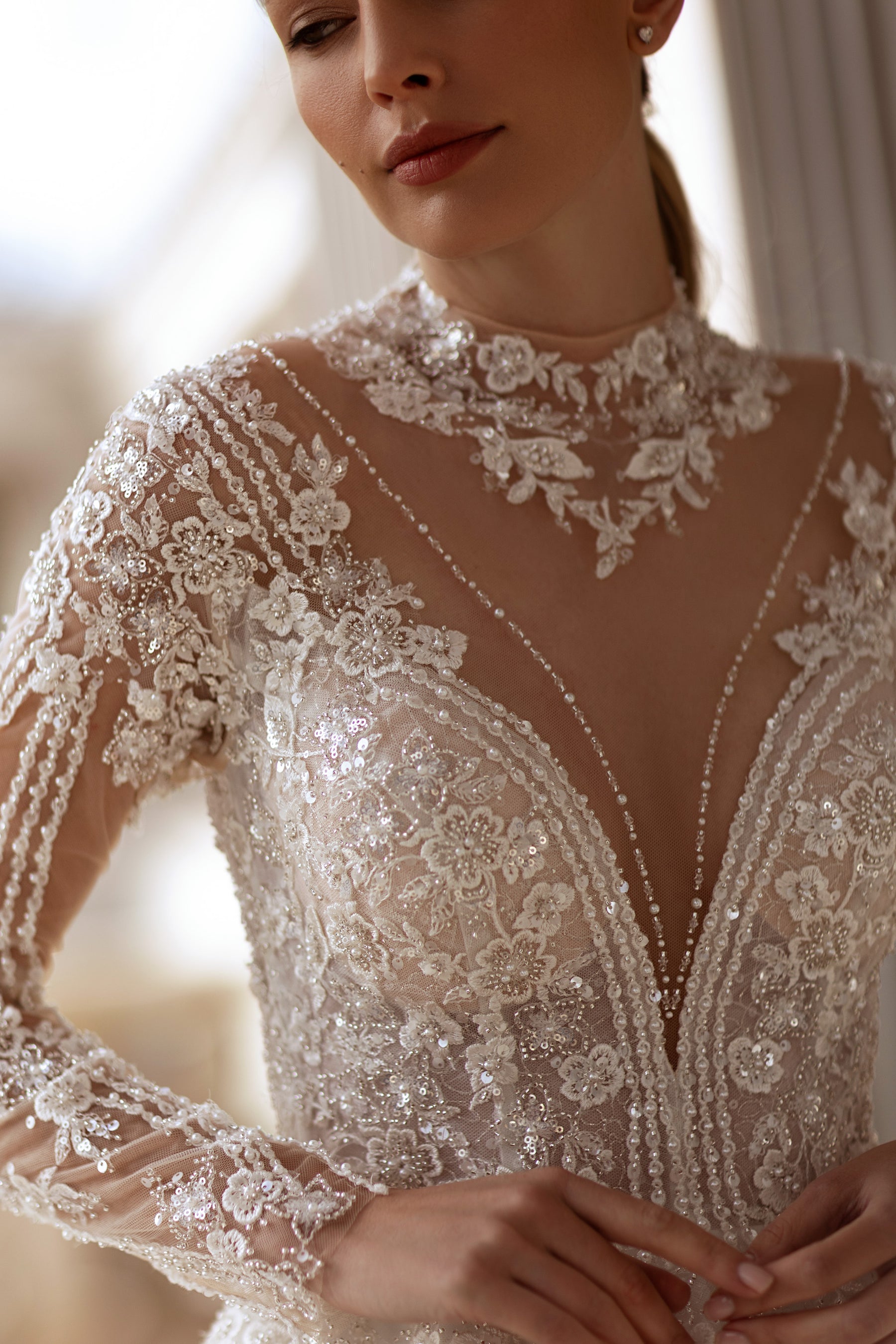 Ball Gown Wedding Dress With Lace Appliqués And Beading, Illusion High Neckline, Long Sleeves, Sparkle Tulle Skirt And Cathedral Train