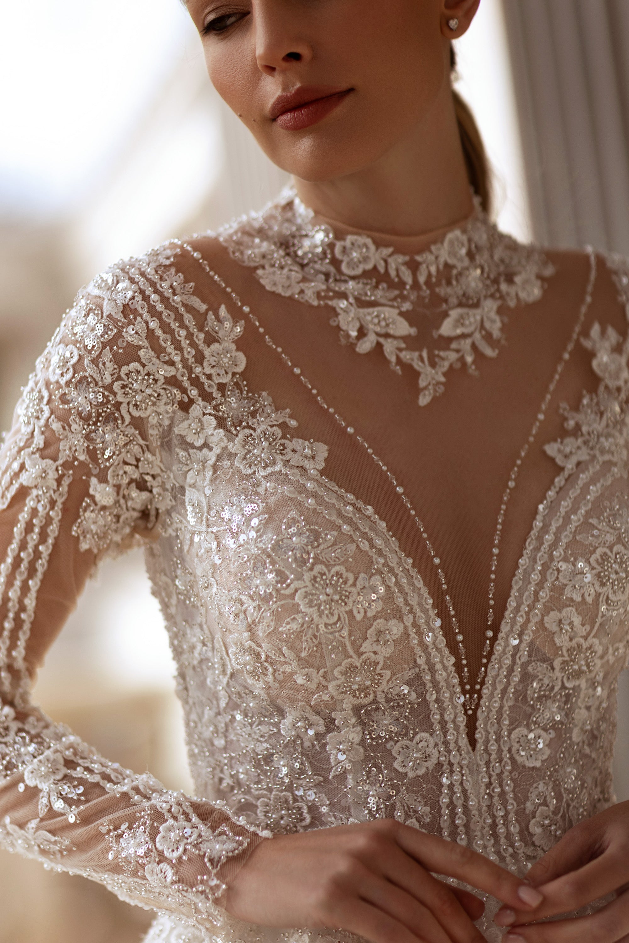 Ball Gown Wedding Dress With Lace Appliqués And Beading, Illusion High Neckline, Long Sleeves, Sparkle Tulle Skirt And Cathedral Train