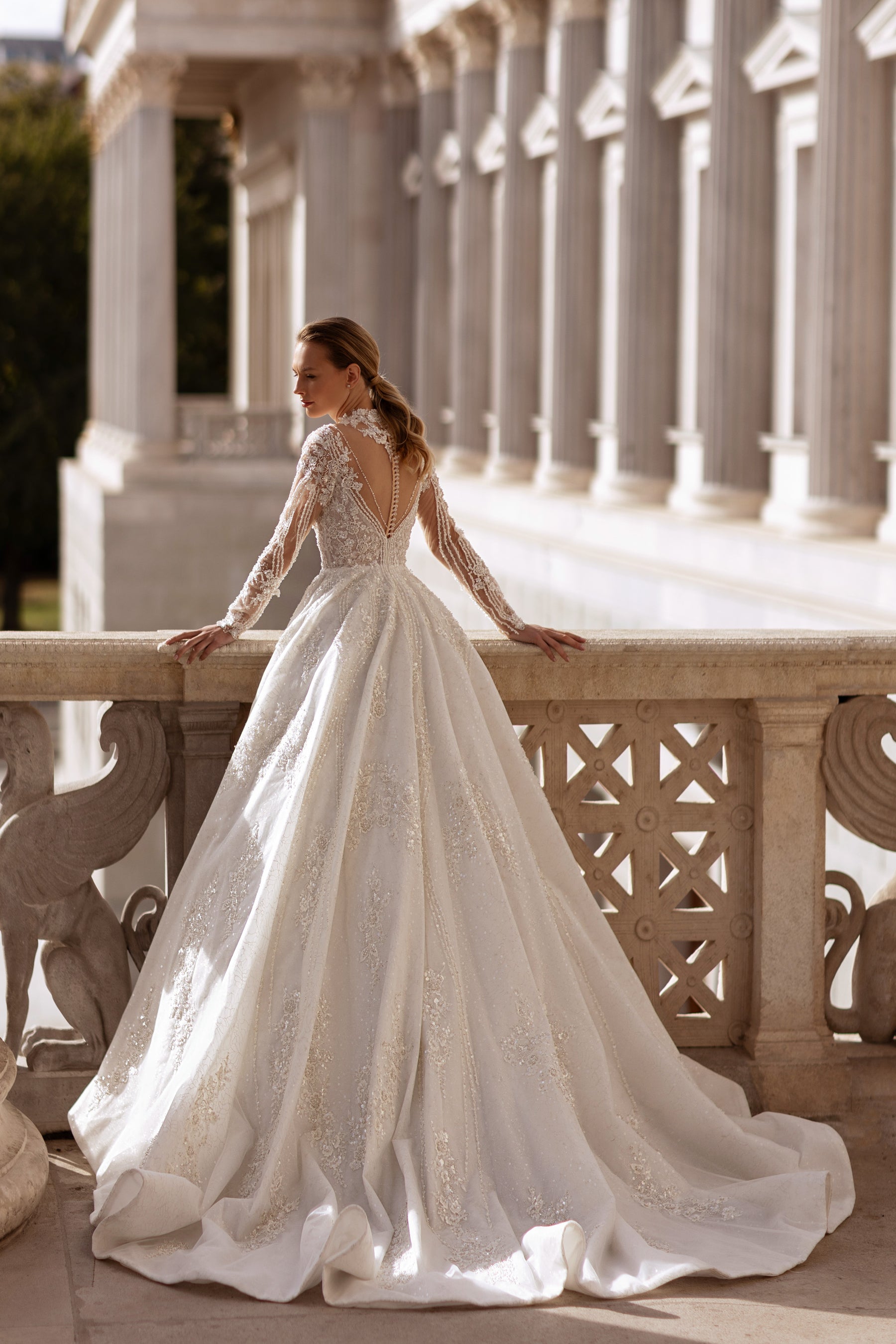 Ball Gown Wedding Dress With Lace Appliqués And Beading, Illusion High Neckline, Long Sleeves, Sparkle Tulle Skirt And Cathedral Train
